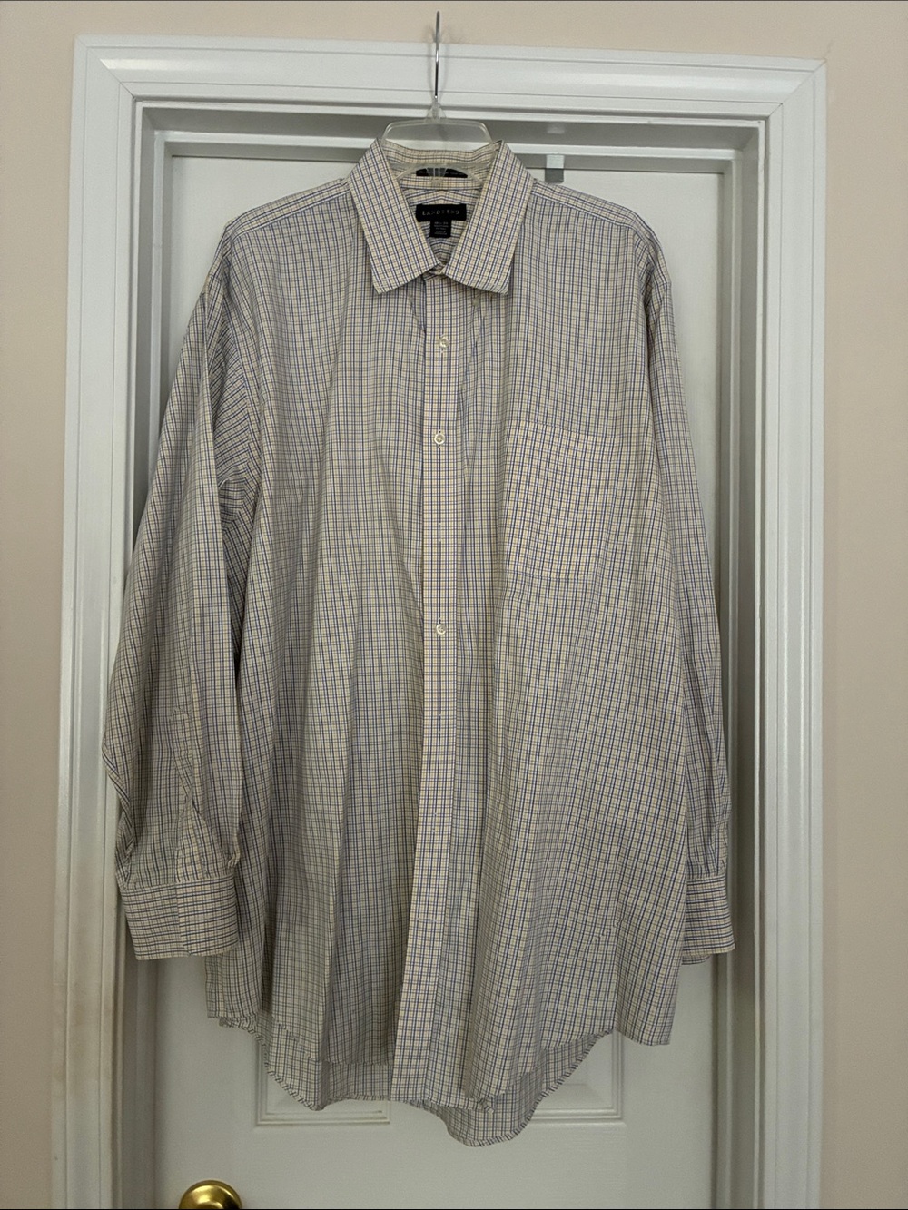 Lands' End Men's 18.5 - 36 Long-Sleeve Plaid Dress Shirt - White, Blue & Tan